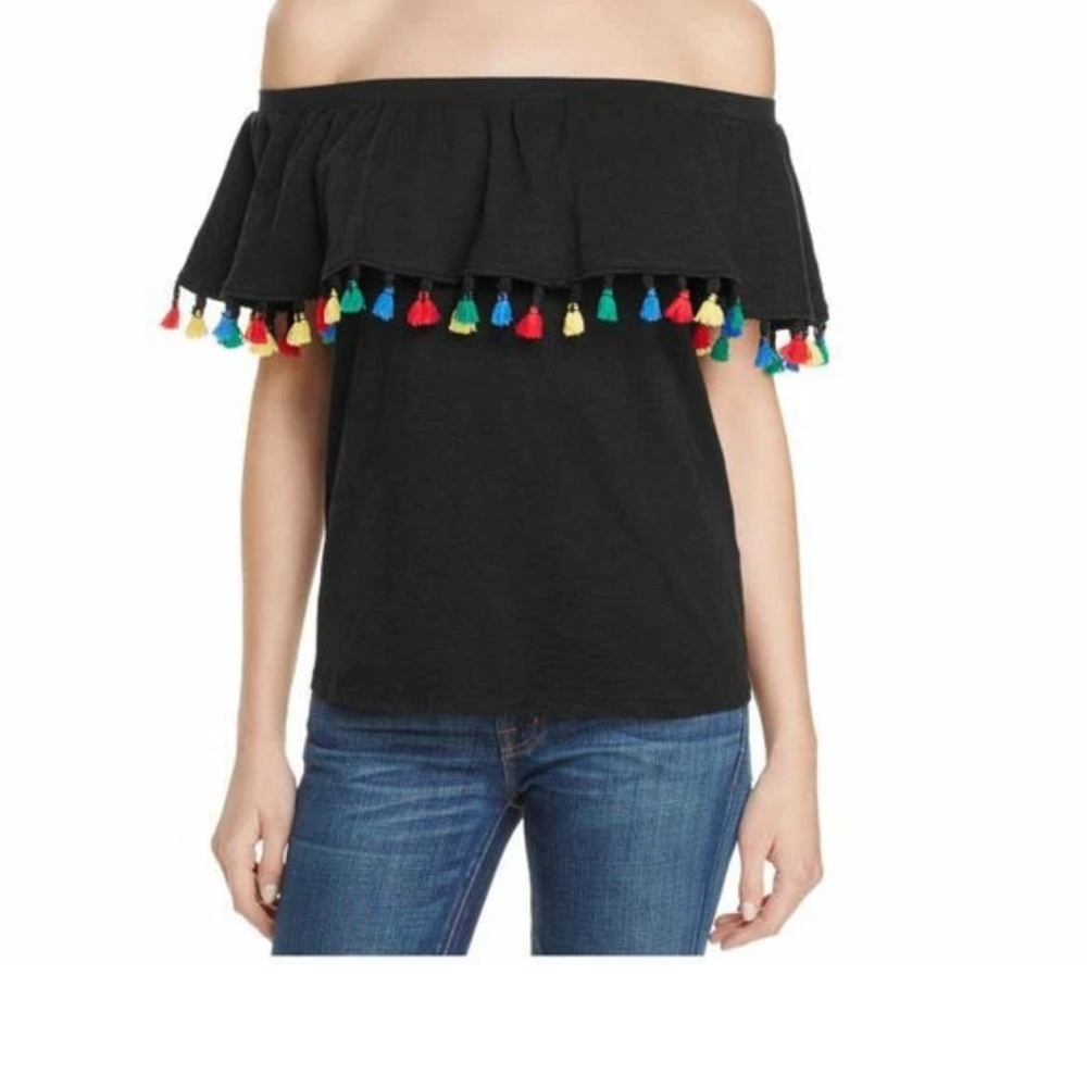 Velvet by Graham & Spencer Black Off-Shoulder Hermione Top with Colorful Tassels